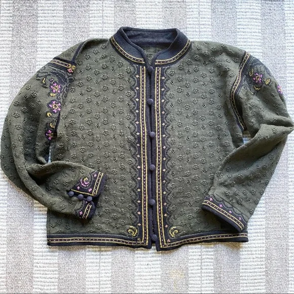 DALE OF NORWAY Olive and Violet Embroidered Cardigan,size Large - Picture 1 of 8